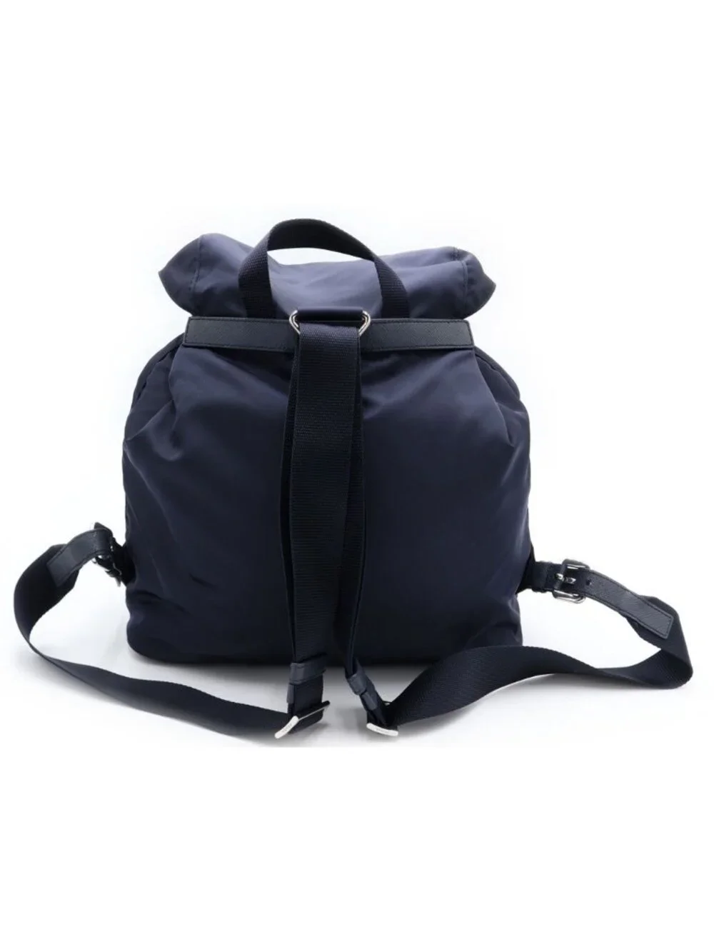 Prada Tessuto Nylon Logo Triangle Plate Backpack Navy Silver